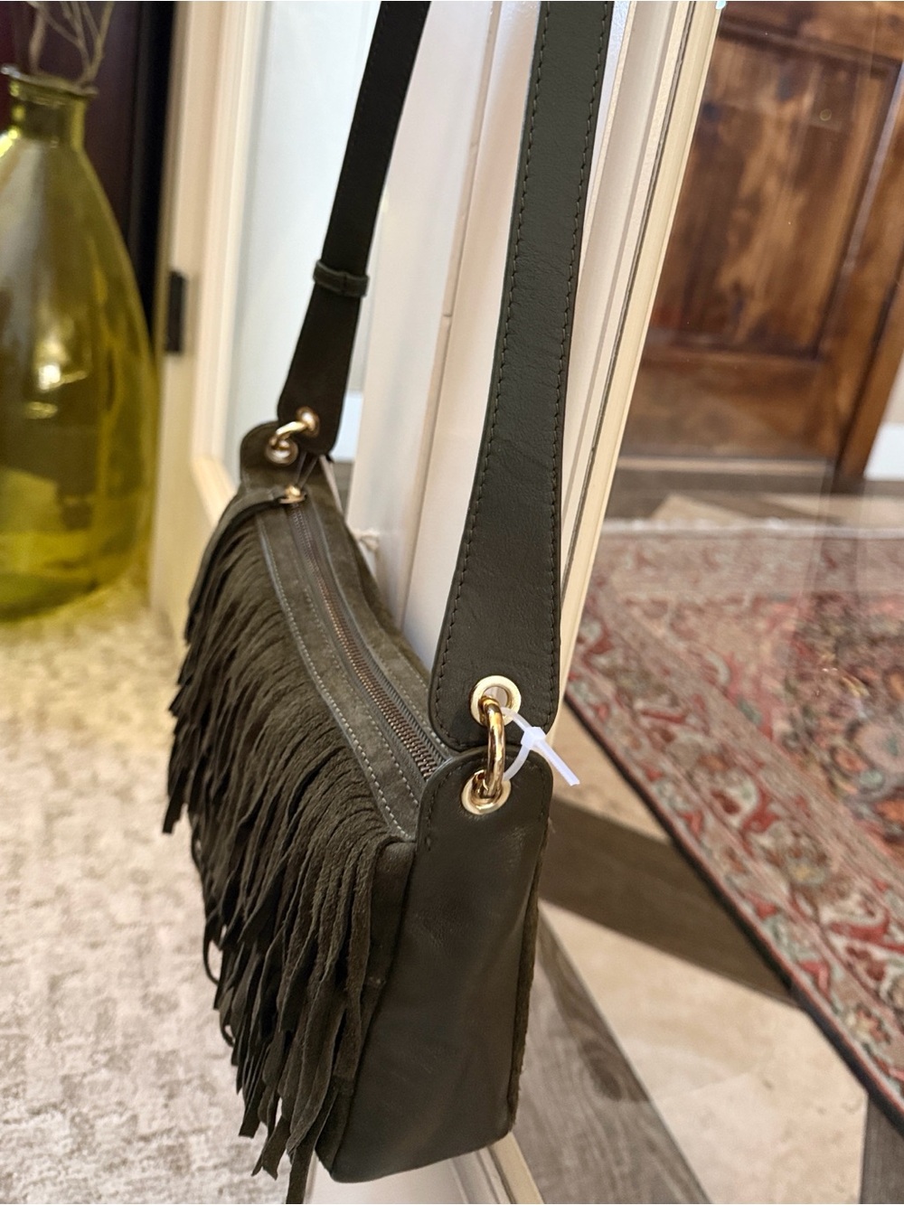 Haute Hippie Olive Green Genuine Suede Tiered Fringe Adjustable Crossbody Bag - Picture 5 of 10